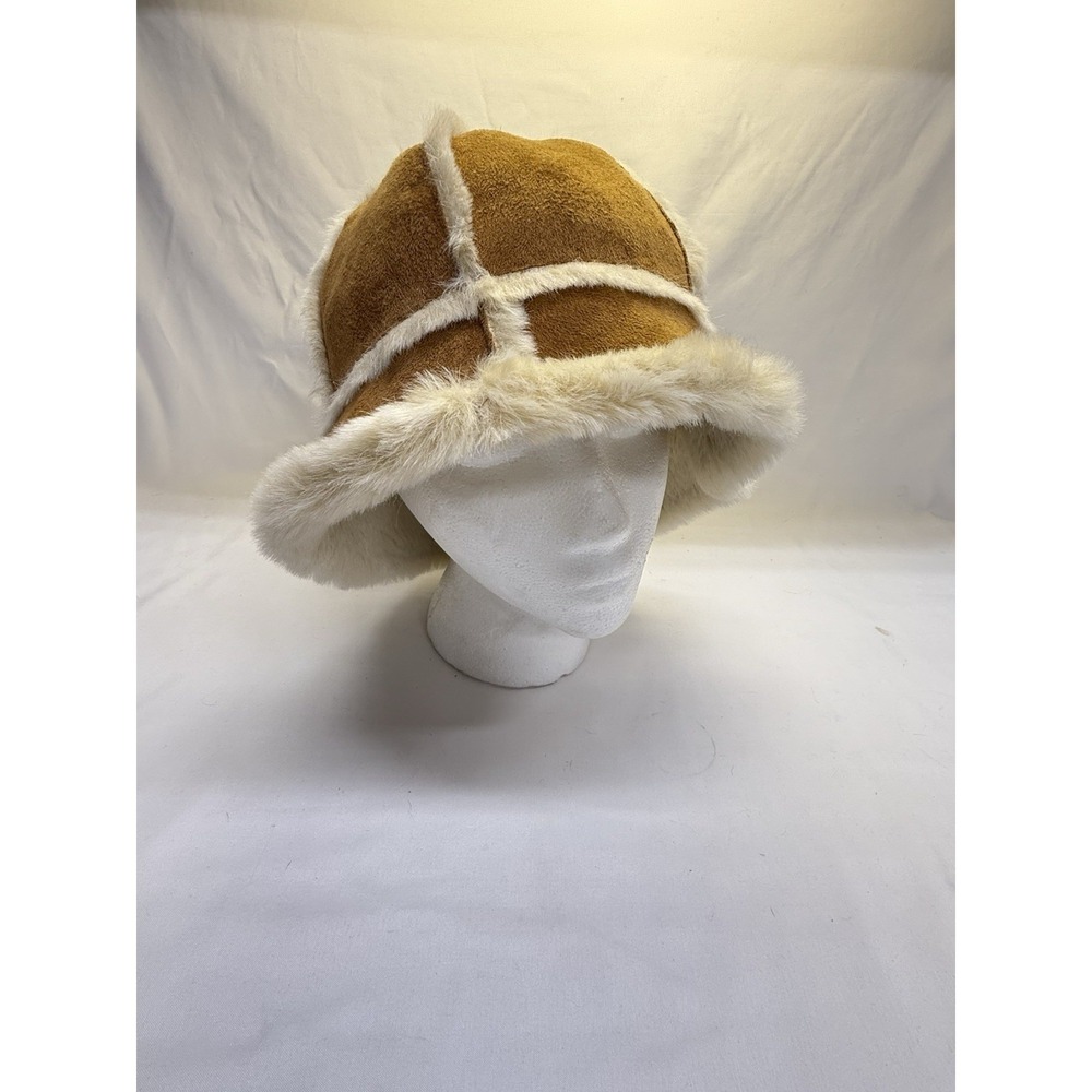 Faux Brown Suede & Shearling Sheep Panel Bucket Hat One Size